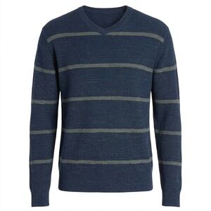 Grayers Ardsley Stripe V-Neck Sweater Mens Large Navy Grey Preppy Long Sleeve